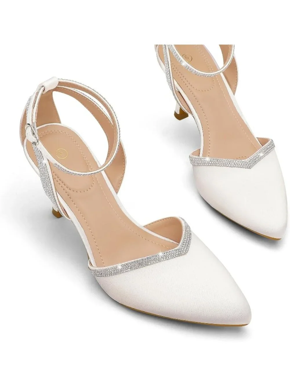 Women's White Satin Closed Toe Kitten Heels Comfortable Dress Pumps Heel Shoes